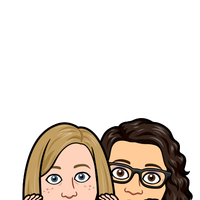 Bitmoji of Rachel and Katie. It looks like they are peeking up from below the image, with wide eyes, looking concerned.