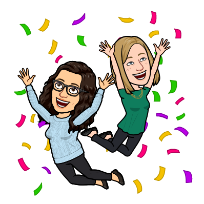 Bitmoji of Katie and Rachel celebrating with colourful confetti in the air around them.