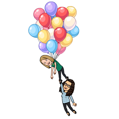 Bitmoji of Rachel and Katie. Rachel is attached to a big bundle of helium balloons, and is rising up in the air. Katie has grabbed. Rachel's leg and is now in the air as well.