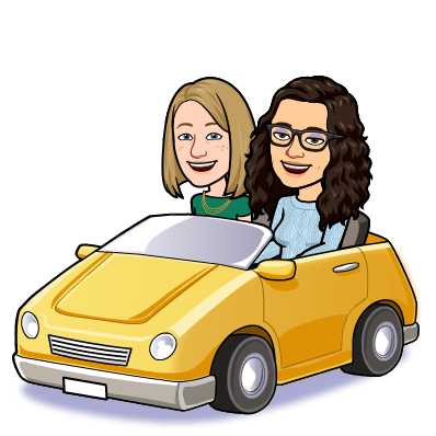 Bitmoji of Rachel and Katie in a yellow car