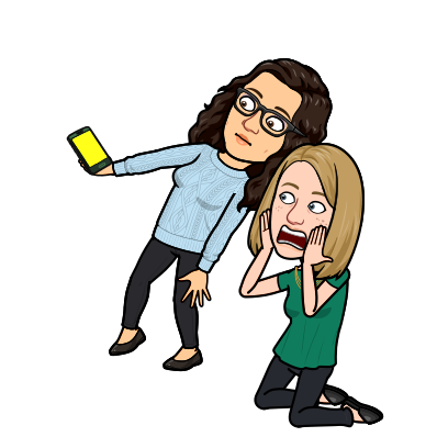 Bitmoji of Katie and Rachel staring at a phone and looking very frightened. Their eyes are wide in terror, and Rachel has falled on her knees, looks very scared, and has her hands on her cheeks.