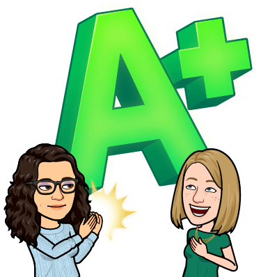 Bitmoji of Katie clapping at Rachel. Rachel looks happy and excited, and is looking up at a large "A+"