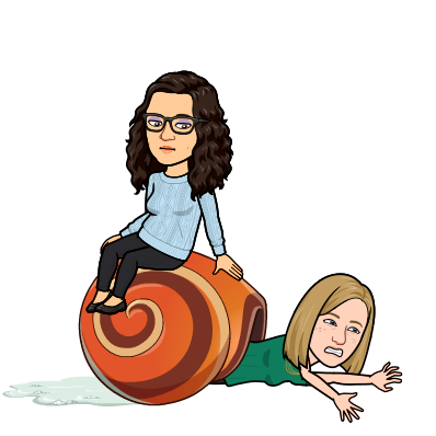Bitmoji of Katie and Rachel; Katie is sitting on a snail shell, and Rachel is in the shell trying to move slowly. 