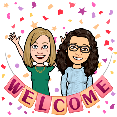 Bitmoji image of Rachel and Katie; Image has a banner that says "WELCOME" and there is colourful confetti in the air