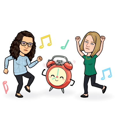 Bitmoji of Rachel and Katie with unamused expressions, and a clock in the centre. 
