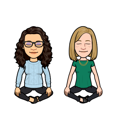 Bitmoji of Katie and Rachel sitting down in a yoga pose, with their eyes close, meditating. 