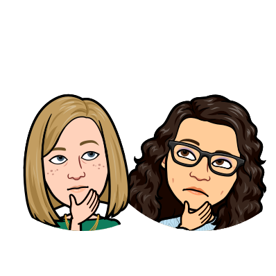 Bitmoji of Rachel and Katie looking pensive, with their hand on their chin.