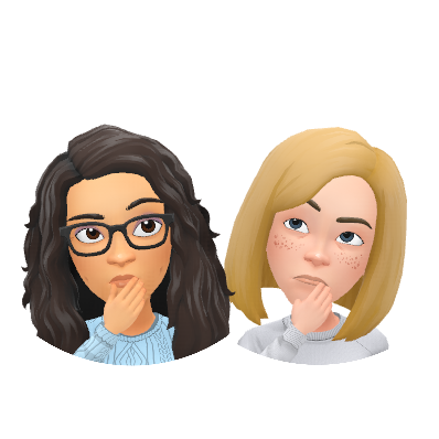 Bitmoji of Katie and Rachel, rubbing their chins and looking pensive. 