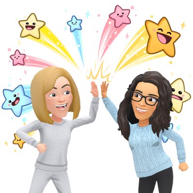 Bitmoji of Rachel and Katie high fiving
