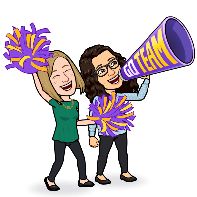 Bitmoji of Katie and Rachel smilling and cheering. Katie is holding a chearleading voice speaker that says "Go Team" and Rachel is holding pompoms