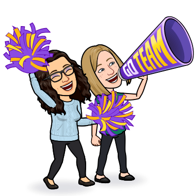 Bitmoji of Katie and Rachel with cheerleader pompoms and a loudspeaker with the text: Go Team