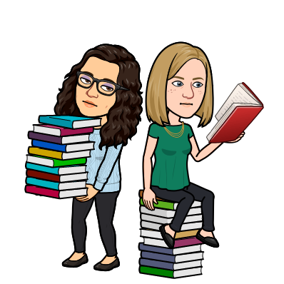 bitmoji of Katie and Rachel. Rachel is sitting on a stack of books and reading; Katie is holding a large stack of books and looking unimpressed. 