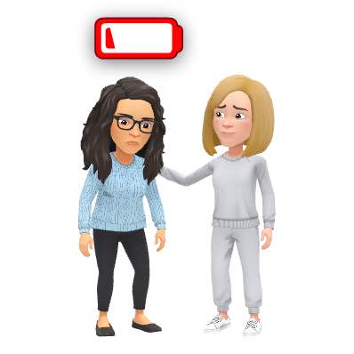 Bitmoji of Katie and Rachel; Katie has a low battery indicator above her head; Rachel is consoling Katie