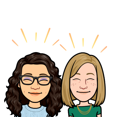 bitmoji of Katie and Rachel. They are both smiling and looking very pleased; their eyes are closed
