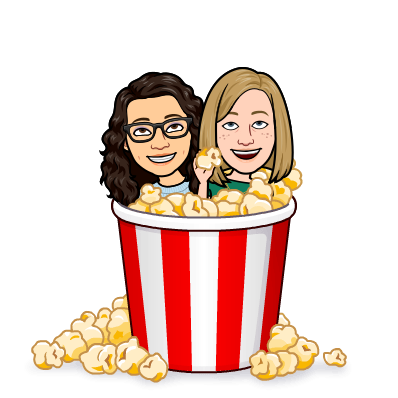 Bitmoji of Katie and Rachel in a large container of popcorn. The contain has red and white vertical stripes.