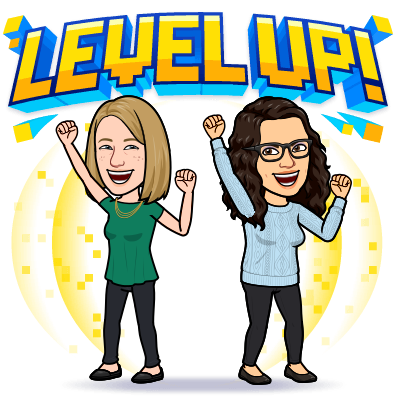 Bitmoji of Rachel and Katie cheering and smiling. Text above them: LEVEL UP!