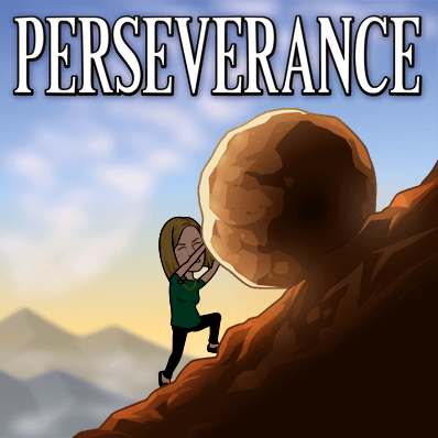 Bitmoji of Rachel pushing a boulder up a mountain; text: Perseverance