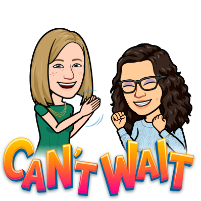 Bitmoji of Rachel and Katie. Rachel is applauding and smiling. Katie is closing her eyes, smiling and clenching her first in front of her with bent elbows, looking excited. Text: "Can't wait"