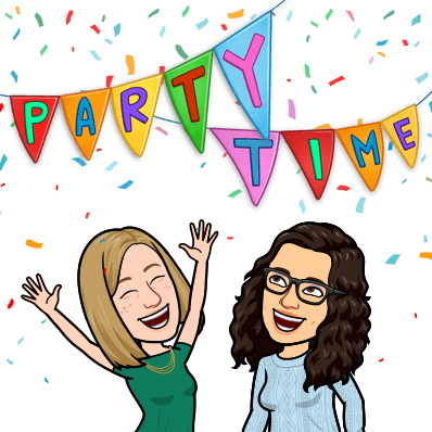 Bitmoji of Rachel and Katie with a banner that says Party Time