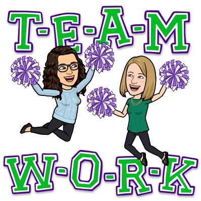 Bitmoji of Katie and Rachel with cheerleader pompoms, jumping in the air and smiling. Text: T-E-A-M  W-O-R-K