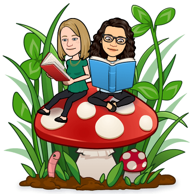 bitmoji of Katie and Rachel reading atop a mushroom