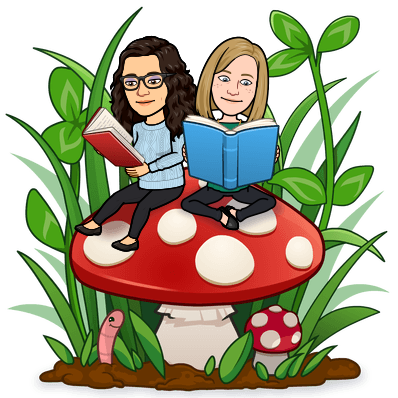 Katie and Rachel reading books and sitting on a red and white mushroom, surrounded by green vegetation. 