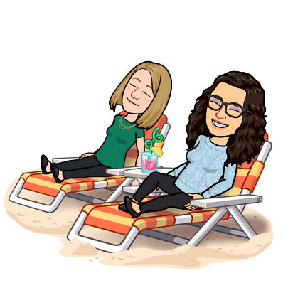 Bitmoji of Katie and Rachel sitting in lounge chairs on a beach, drinking cocktails, and enjoying the sunshine