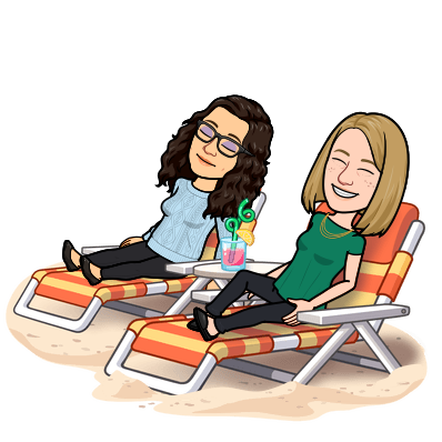 Bitmoji of Katie and Rachel sitting in beach loungers, smiling and closing their eyes as they relax on a hot, sunny beach