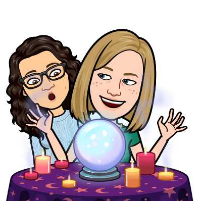 Bitmoji of Katie and Rachel. Rachel is looking into a crystal ball, and looks excited. Katie is looking anxious and unsure. 