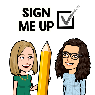 Bitmoji of Rachel  and Katie; Text says "Sign Me Up" with a checkbox; Rachel is holding a large pencil.