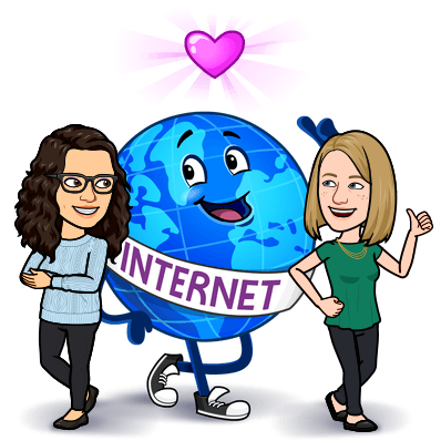 Bitmoji of Katie and Rachel smiling, with a globe figure that is smiling between them. The globe as a sash that says "Internet", and there is a heart above them all.