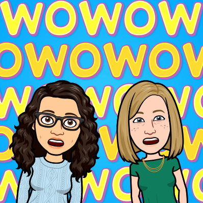 Bitmoji of Katie and Rachel looking shocked. Text is repeated along the background of the image, and says "wow"