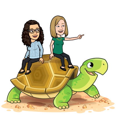 Bitmoji of Katie and Rachel sitting on a tortoise