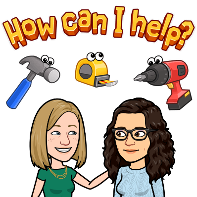 Bitmoji of Rachel and Katie with tools above their heads; text: "How can I help?"
