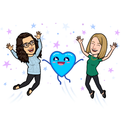 Bitmoji of Katie and Rachel jumping, with huge smiles on their faces. They are surrounded by purple and blue stars, and a blue heart with a happy face is between them.