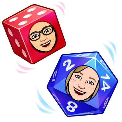 Bitmoji of Katie and Rachel with their heads in dice. 