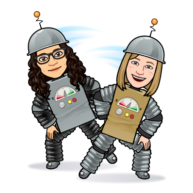 Bitmoji of Katie and Rachel dressed up as robots