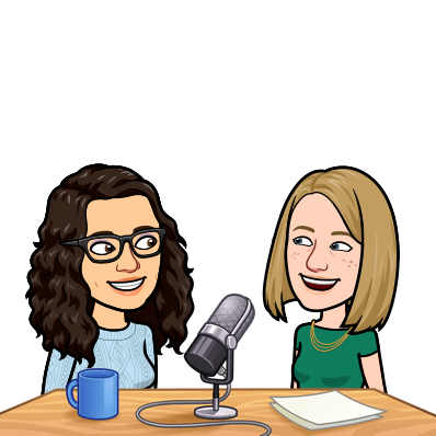 Bitmoji of Katie and Rachel with a podcasting microphone between them.