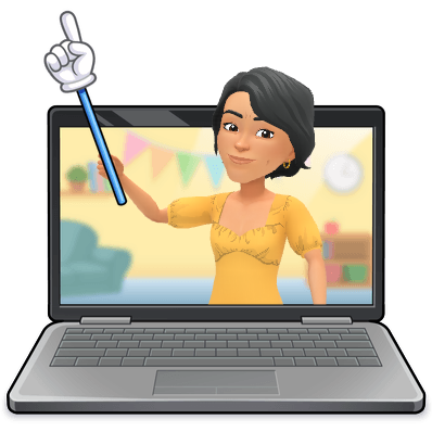 A person on a laptop screen holding up a pointing finger on a stick