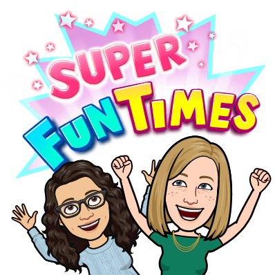Bitmoji of Katie and Rachel cheering with their arms in the air. Text: Super fun times