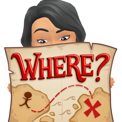 A person looking down on a treasure map with the word 'where?' written on it.